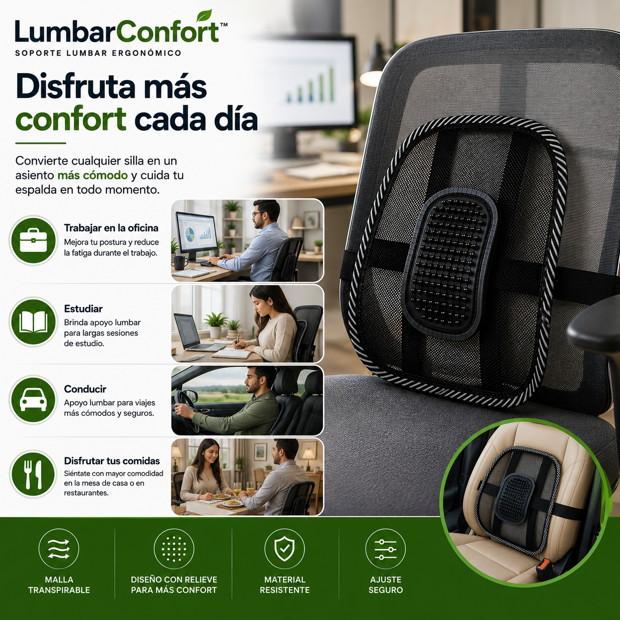 LumbarConfort™ Convierte cualquier silla en un asiento más cómodo